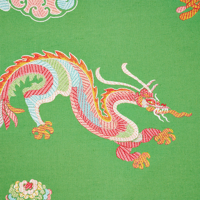 Schumacher Hanlun Dragon Embroidery Green Fabric Sample 78112