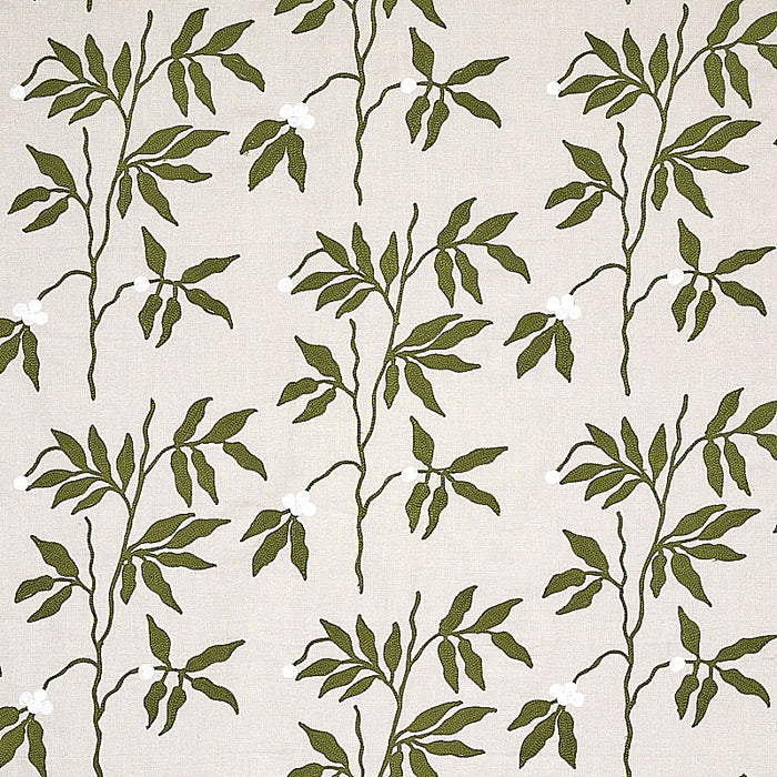 Schumacher Lilla Embroidery Olive On Neutral Fabric Sample 80430