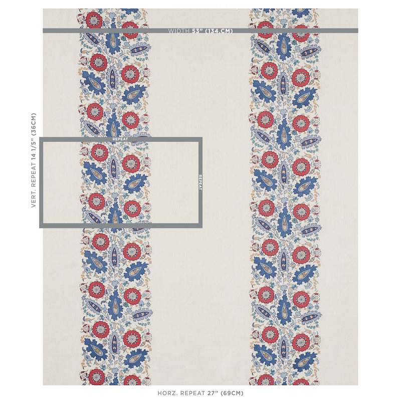 Schumacher Anatolia Embroidery Blue & Red Fabric Sample 80750