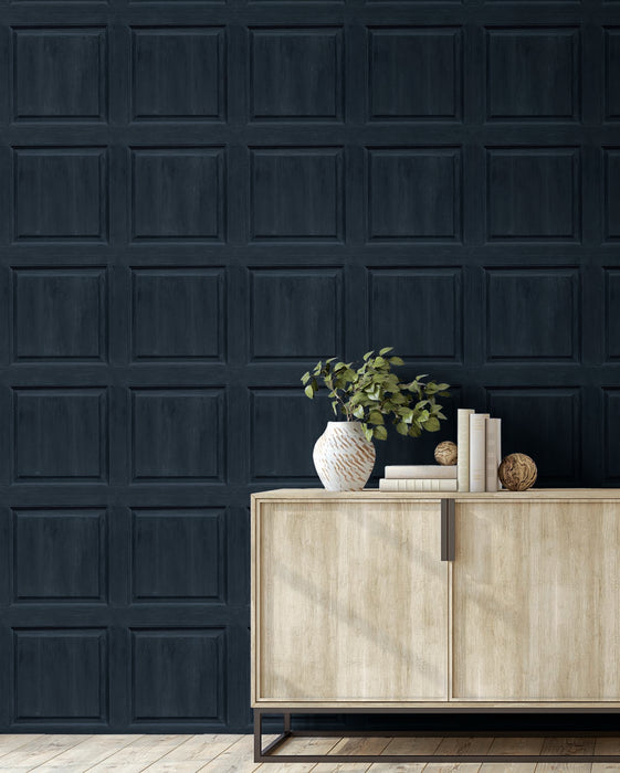 Seabrook Designs Washed Faux Panel Navy Wallpaper AS20302