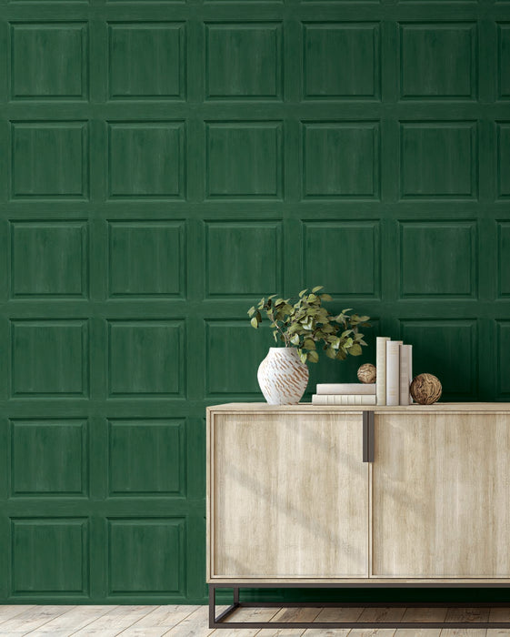 Seabrook Designs Washed Faux Panel Emerald Green Wallpaper AS20304