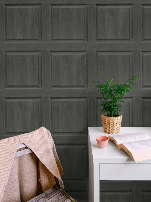 Seabrook Designs Washed Faux Panel Charcoal Wallpaper AS20308