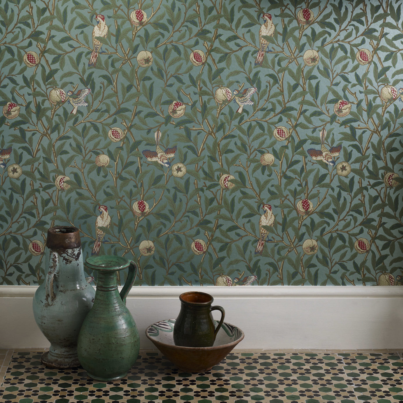 Morris & Co Bird & Pomegranate Blue/Sage 212540 Wallpaper DARW212540