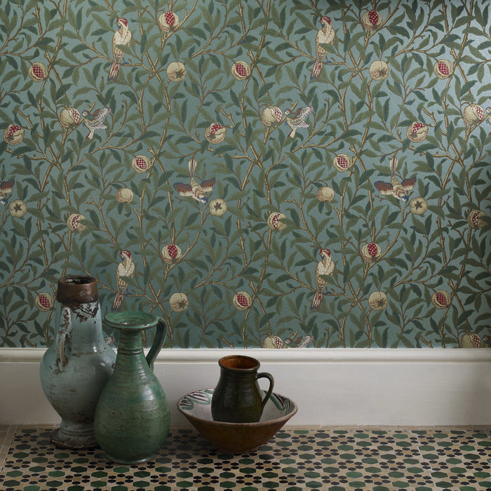 Morris & Co Bird & Pomegranate Charcoal/Sage 212537 Wallpaper DARW212537