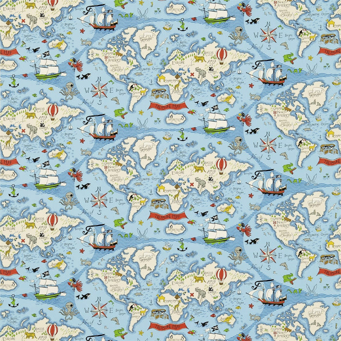 Sanderson Treasure Map Sea Blue 223914 Fabric DLIT223914