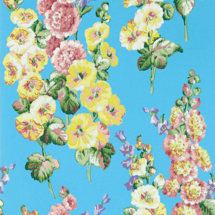 Sanderson Hollyhocks Fire Pink/Bright Blue 217033 Wallpaper DOSW217033