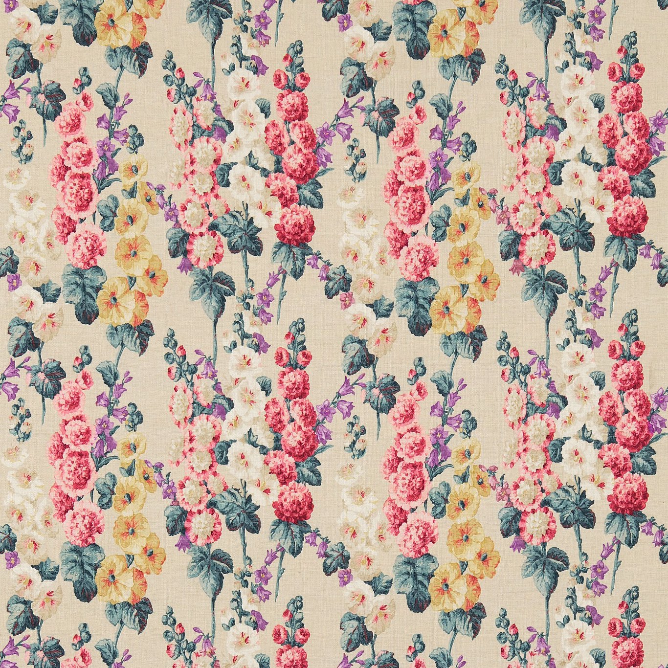 Sanderson Hollyhocks Petrol Blue/Multi 224310 Fabric DVIN224310