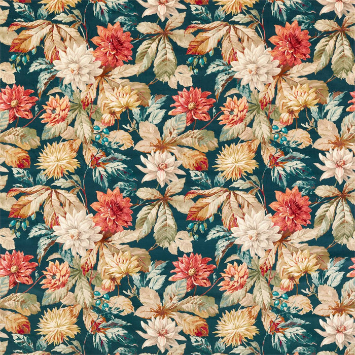 Sanderson Dahlia & Rosehip (Velvet) Teal/Russet 226533 Fabric DYSI226533