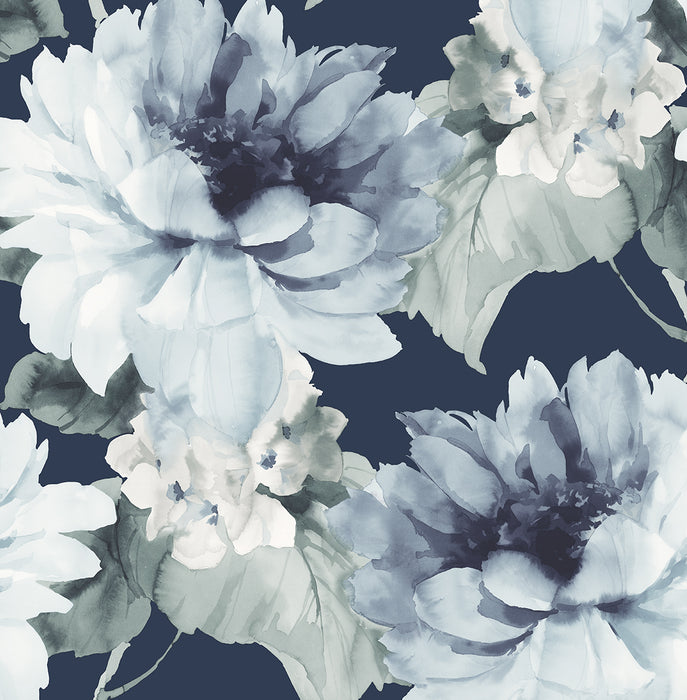 Harry & Grace Watercolor Floral Navy Blue & Slate Green Peel & Stick Wallpaper HG10302