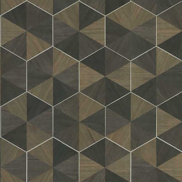 York Hexagram Wood Veneer Brown/Black Wallpaper HO2103