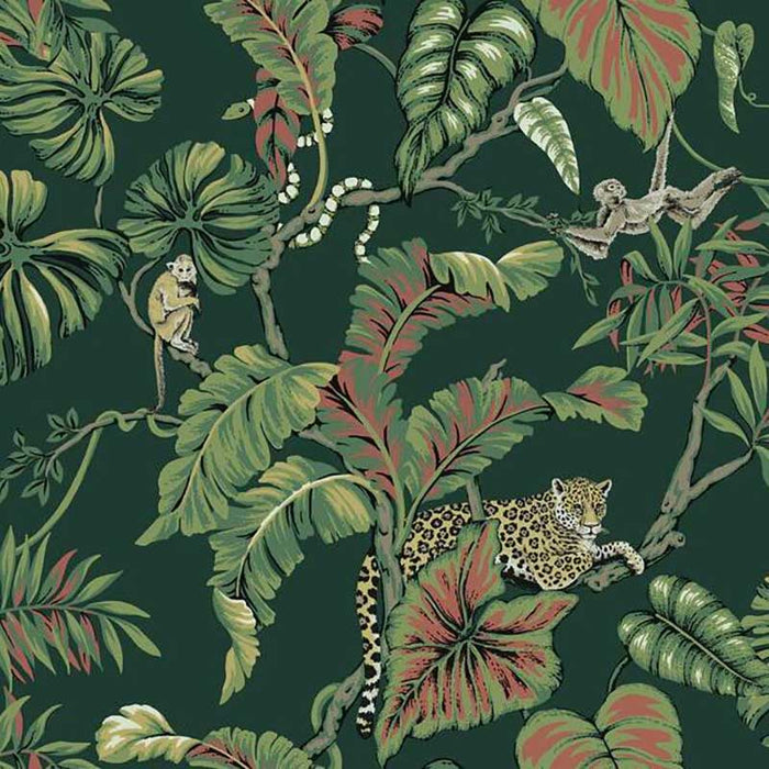 York Jungle Cat Dark Green Wallpaper HO2146