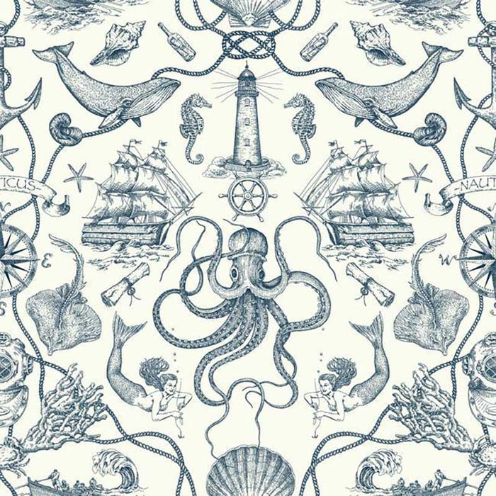 York Deep Sea Toile Blue Wallpaper HO3361