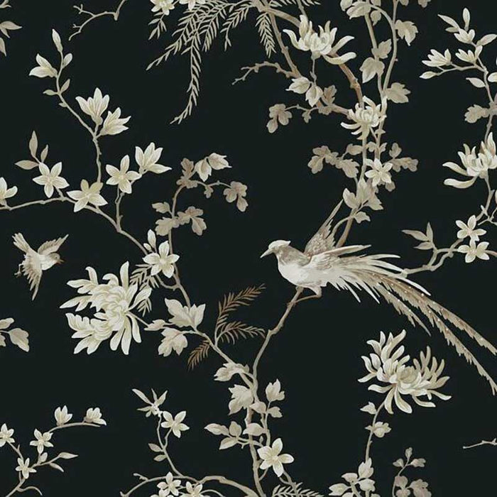 York Bird And Blossom Chinoserie Black Wallpaper KT2173