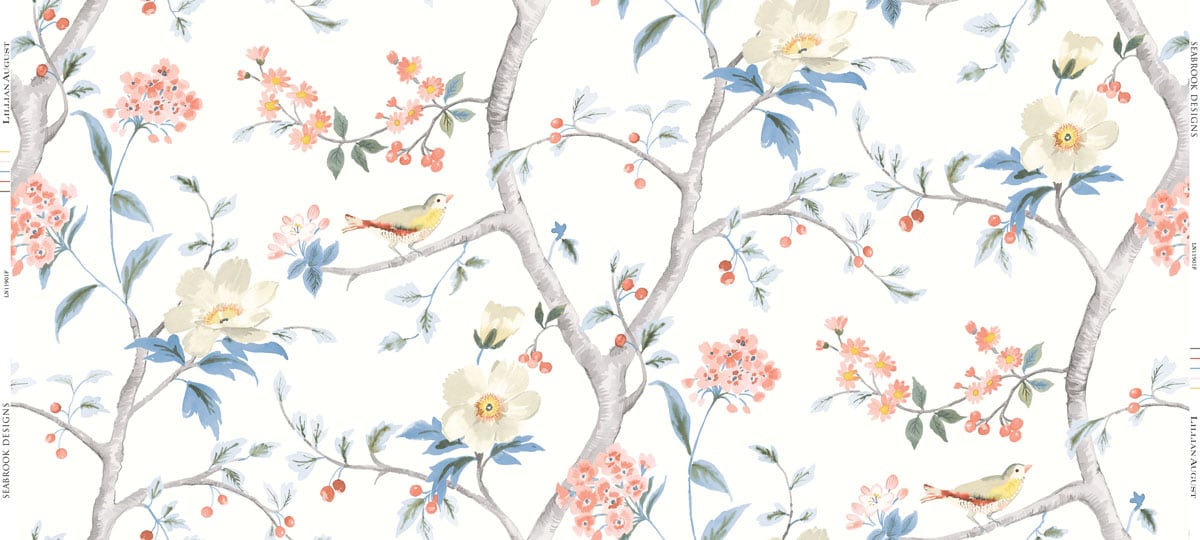 Seabrook Designs Southport Floral Trail Fabric Eggshell, Melon, and Carolina Blue Wallpaper LN11901F