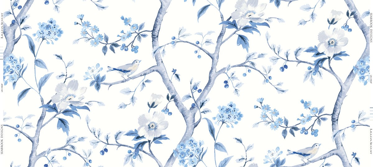 Seabrook Designs Southport Floral Trail Fabric Eggshell and Blue Shale Wallpaper LN11902F