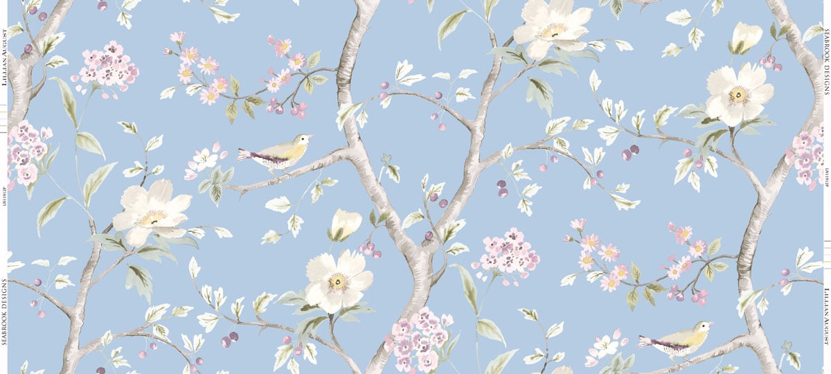 Seabrook Designs Southport Floral Trail Fabric Sky Blue and Arrowroot Wallpaper LN11912F