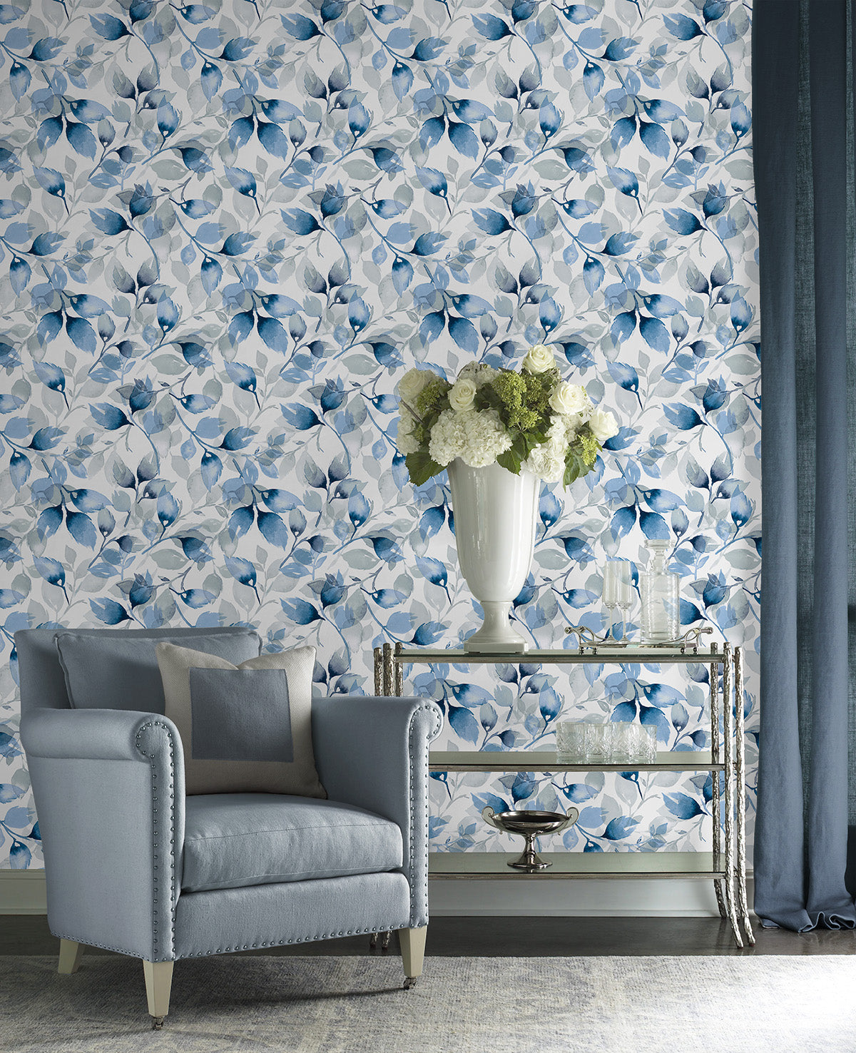 Seabrook Designs Watercolor Tossed Leaves Blue Lagoon Wallpaper LN31102