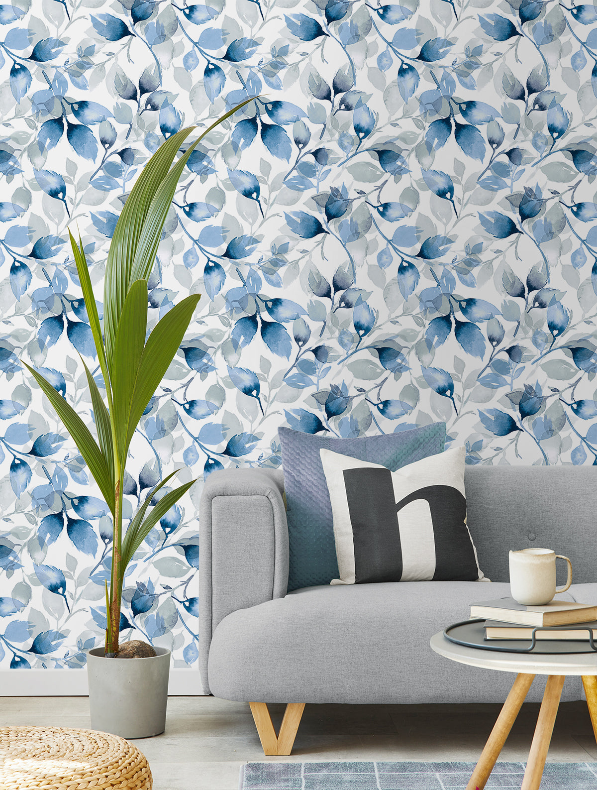 Seabrook Designs Watercolor Tossed Leaves Blue Lagoon Wallpaper LN31102