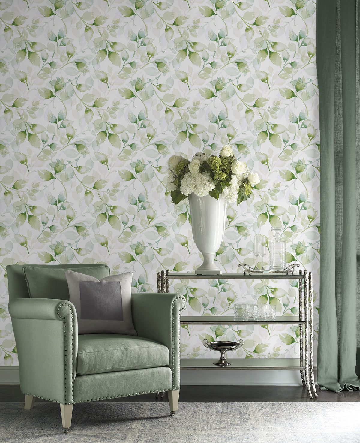 Seabrook Designs Watercolor Tossed Leaves Green Ivy Wallpaper LN31104