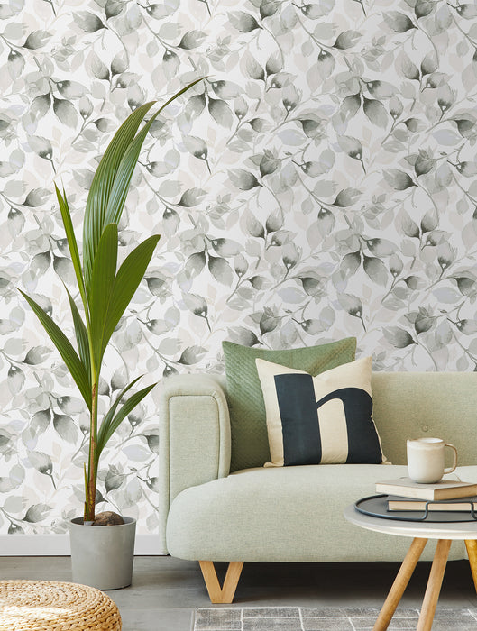 Seabrook Designs Watercolor Tossed Leaves Sea Salt & Harbor Mist Wallpaper LN31110