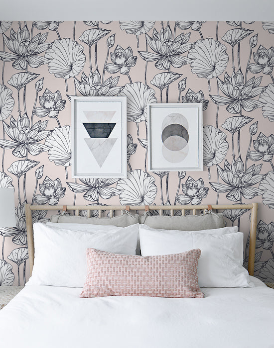 NextWall Lotus Floral Blush & Ebony Peel & Stick Wallpaper NW33101