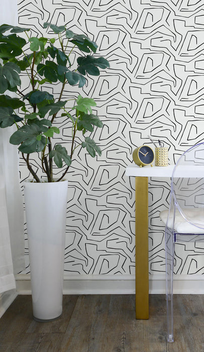 NextWall Linework Maze Black & White Peel & Stick Wallpaper NW33700