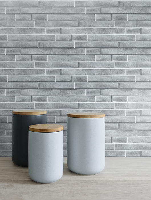 NextWall Brushed Metal Tile Silver Peel & Stick Wallpaper NW34608