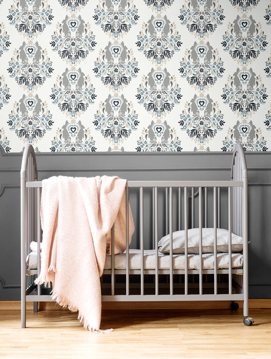 NextWall Spring Damask Bluestone & Grey Peel & Stick Wallpaper NW41808