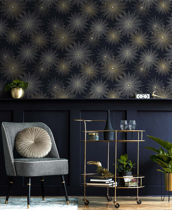 NextWall Starburst Geo Midnight & Gold Peel & Stick Wallpaper NW43102