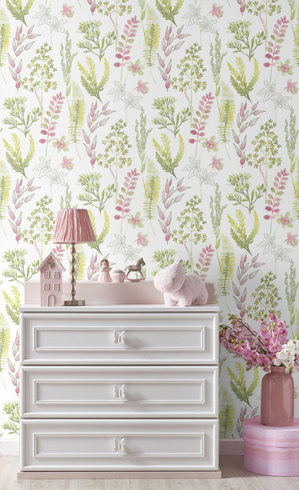 Seabrook Designs Wild Garden Lemongrass & Posy Pink Wallpaper NW45407