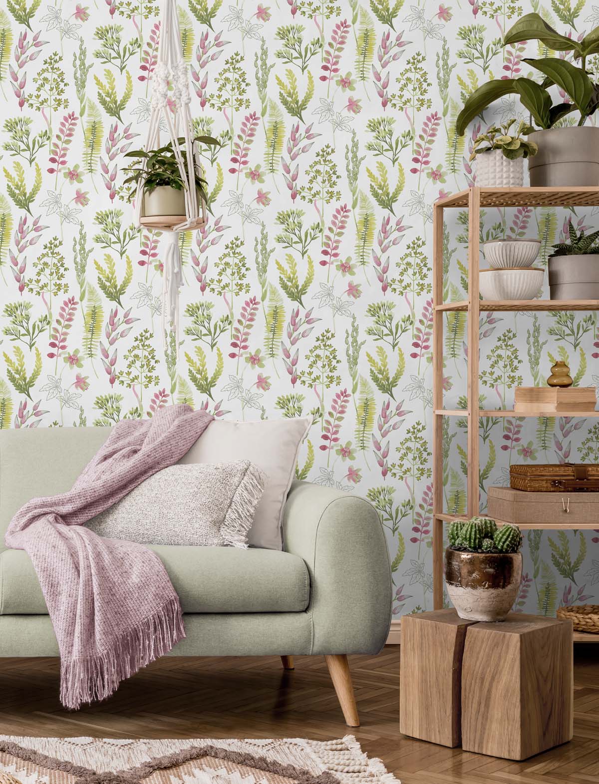 Seabrook Designs Wild Garden Lemongrass & Posy Pink Wallpaper NW45407