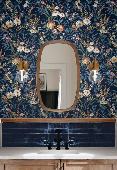 Seabrook Designs Vintage Floral Navy Blue Wallpaper NW45702