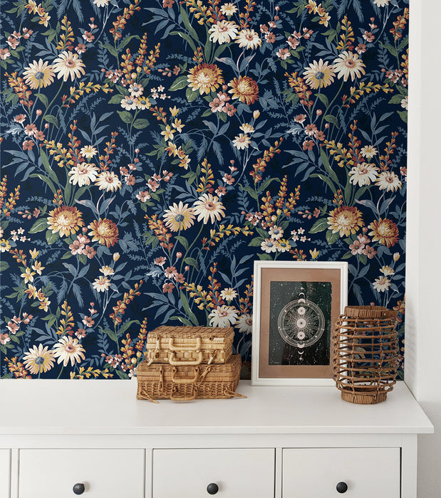 Seabrook Designs Vintage Floral Navy Blue Wallpaper NW45702