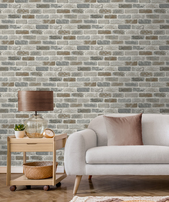 Seabrook Designs Washed Faux Brick Prepasted Neutral Wallpaper PR10500