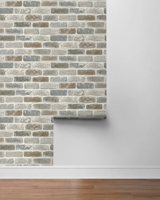 Seabrook Designs Washed Faux Brick Prepasted Neutral Wallpaper PR10500