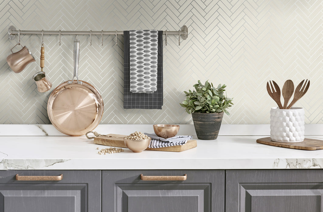 Stacy Garcia Home Herringbone Inlay Lunar Grey & Metallic Silver Peel & Stick Wallpaper SG11300