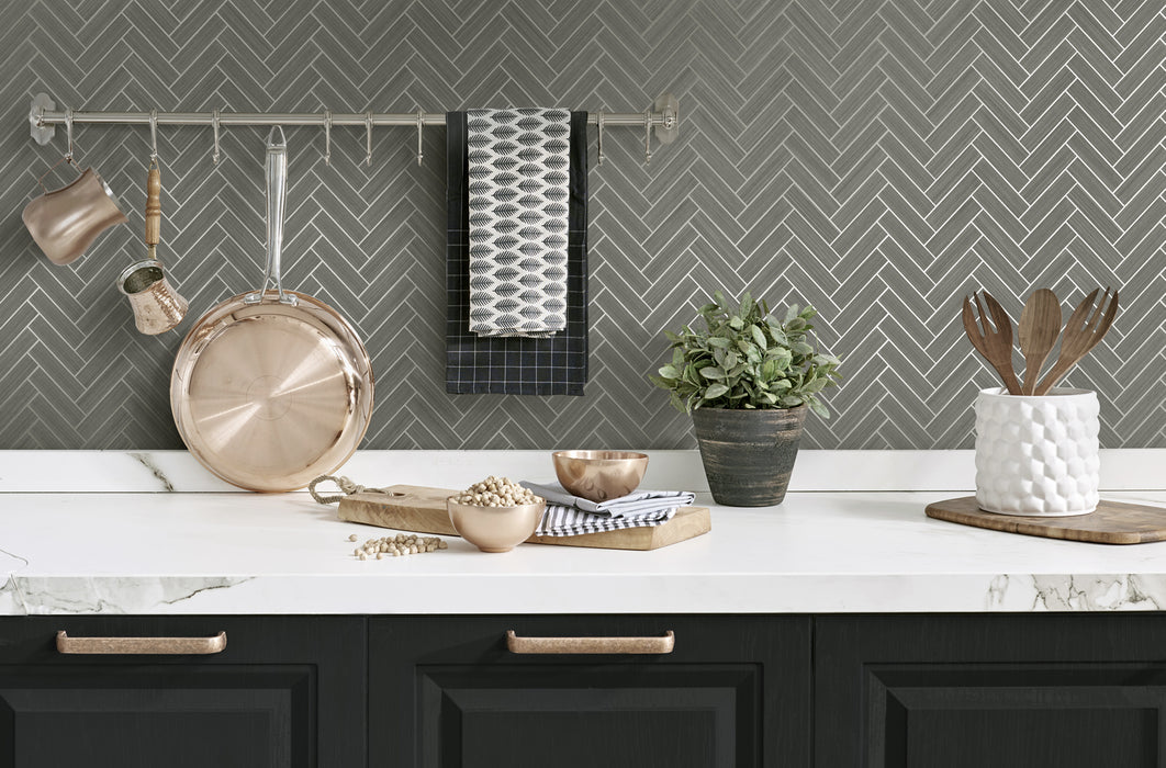 Stacy Garcia Home Herringbone Inlay Graphite & Metallic Silver Peel & Stick Wallpaper SG11307