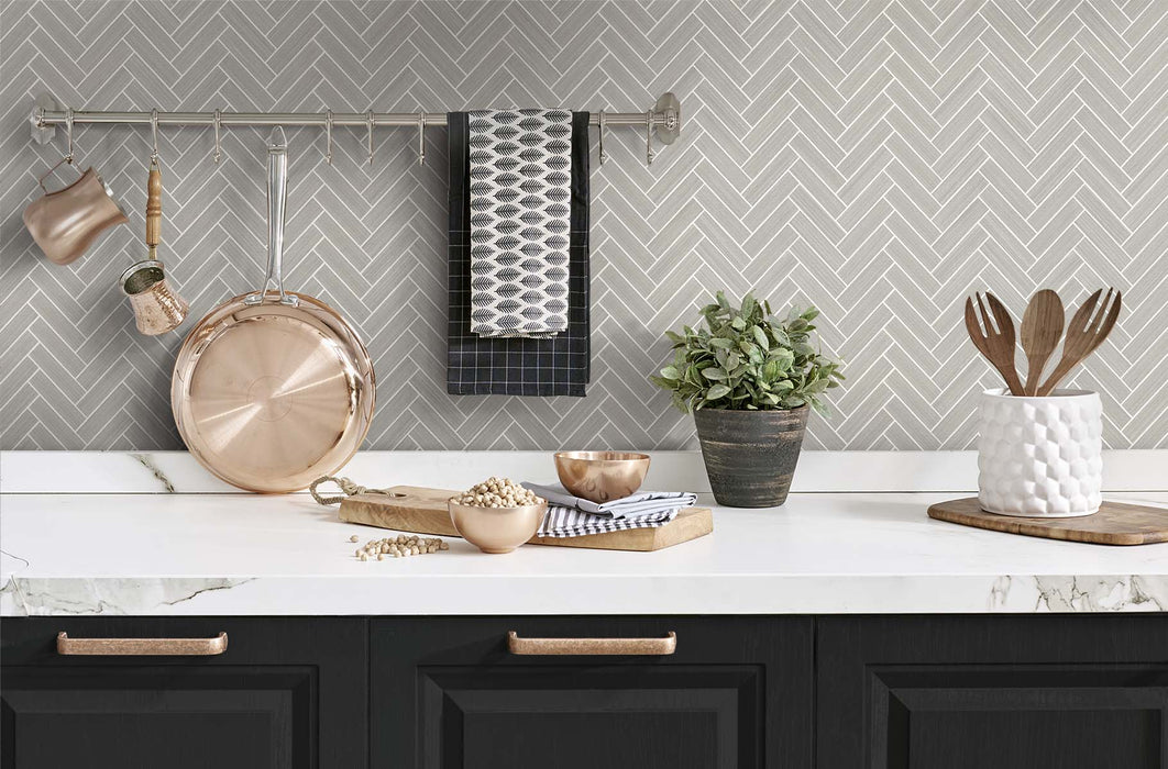 Stacy Garcia Home Herringbone Inlay Warm Stone & Metallic Pearl Peel & Stick Wallpaper SG11308