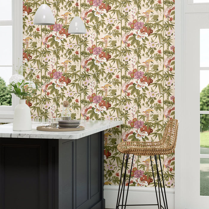 Sanderson Bamboo & Birds China Blue /Lotus Pink 217129 Wallpaper DWAW217129