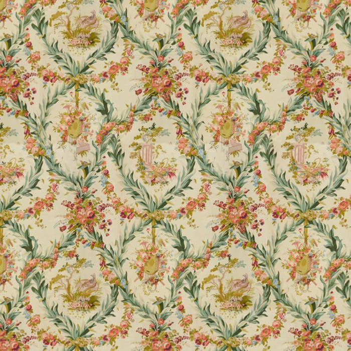 Brunschwig & Fils Fontainebleau Glazed Chintz Red Green And Gold On Cream Fabric BR-70348.0.0