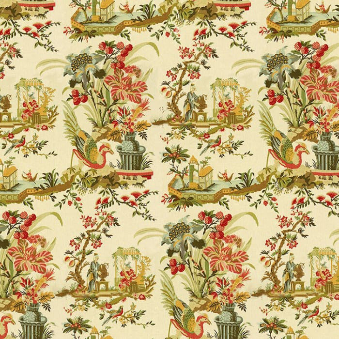 Brunschwig & Fils Le Lac Linen Print Teal And Melon On Cream Fabric BR-71163.A.0