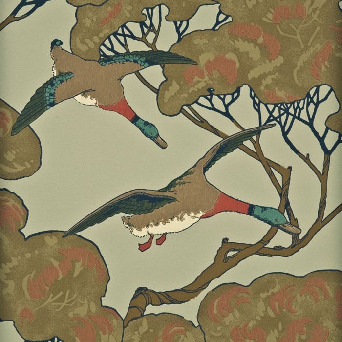 Mulberry Home Flying Ducks Sky/Moss Wallpaper FG066.H22.0