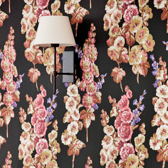 Sanderson Hollyhocks Fire Pink/Bright Blue 217033 Wallpaper DOSW217033