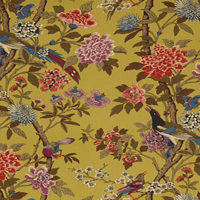 GP & J Baker Hydrangea Bird Mustard/Mauve Fabric R1355.1.0